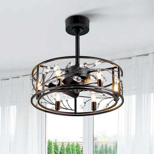 Ventilateur de plafond noir à cage de 50 cm avec kit d'éclairage cristal et télécommande - 50 cm