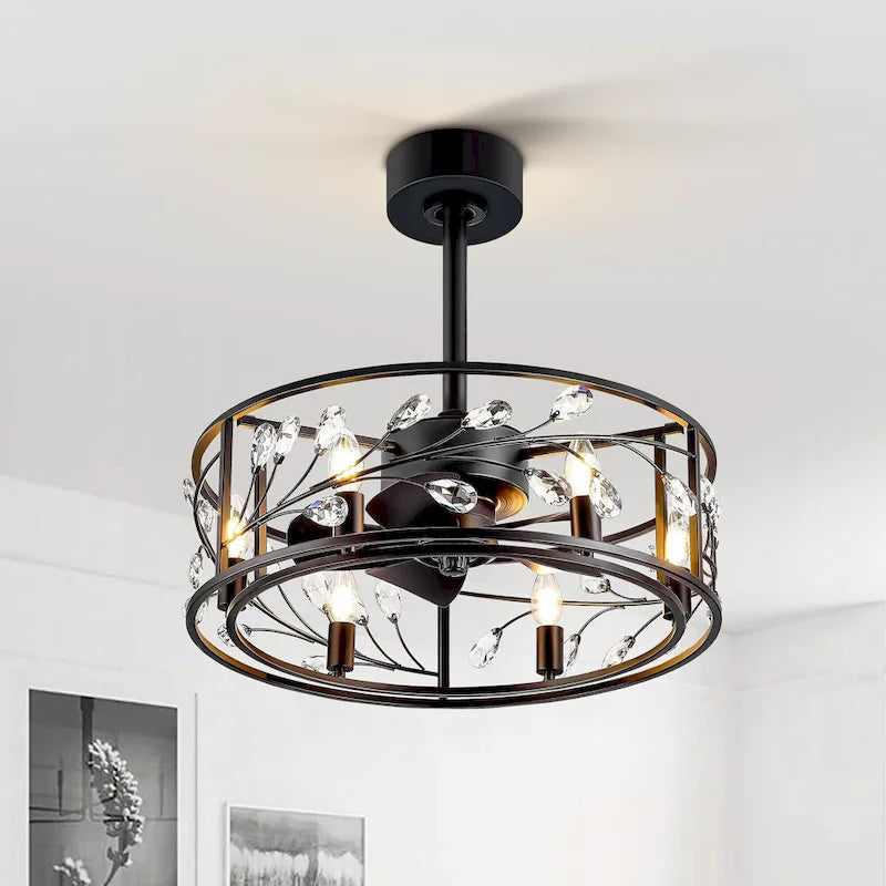 Ventilateur de plafond noir à cage de 50 cm avec kit d'éclairage cristal et télécommande - 50 cm