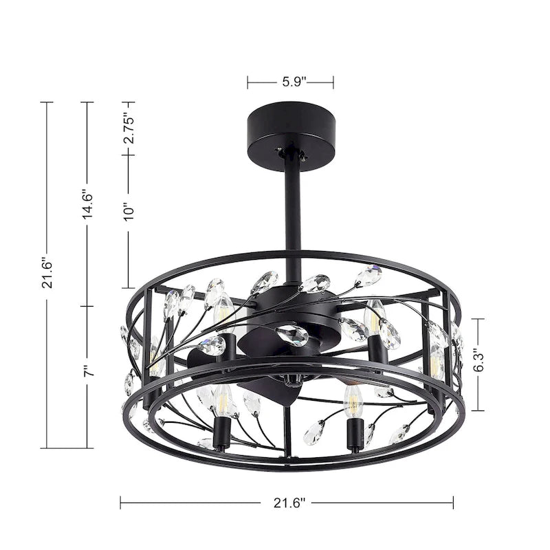 Ventilateur de plafond noir à cage de 50 cm avec kit d'éclairage cristal et télécommande - 50 cm