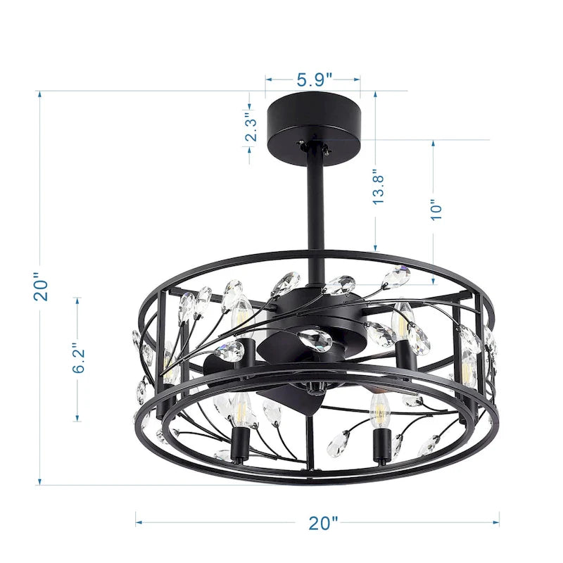 Ventilateur de plafond noir à cage de 50 cm avec kit d'éclairage cristal et télécommande - 50 cm