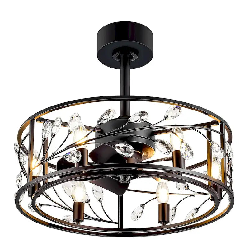 Ventilateur de plafond noir à cage de 50 cm avec kit d'éclairage cristal et télécommande - 50 cm