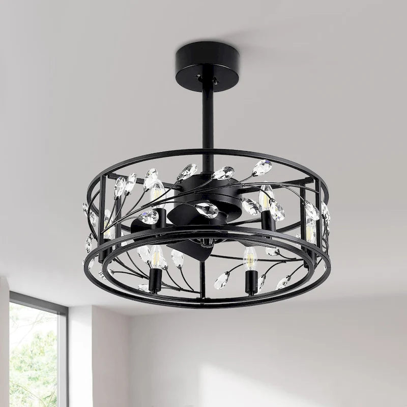 Ventilateur de plafond noir à cage de 50 cm avec kit d'éclairage cristal et télécommande - 50 cm