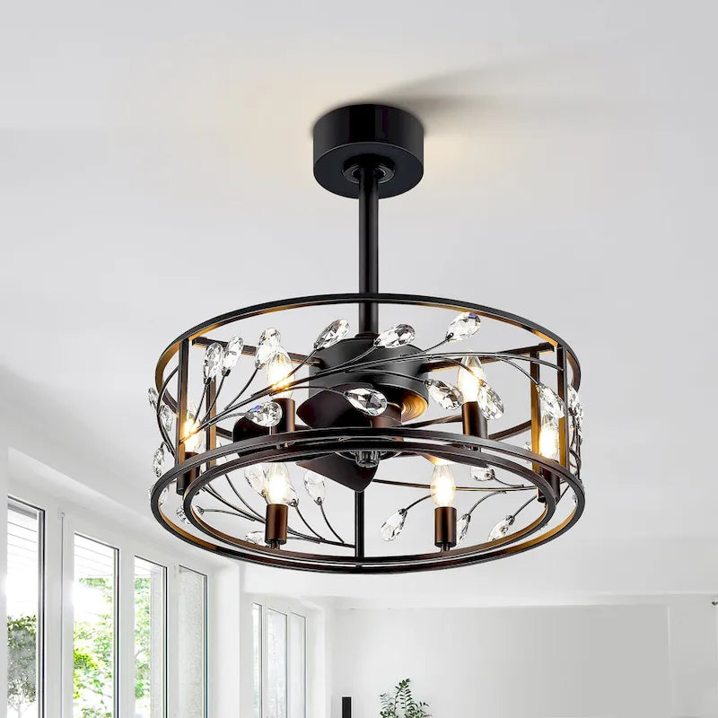 Ventilateur de plafond noir à cage de 50 cm avec kit d'éclairage cristal et télécommande - 50 cm