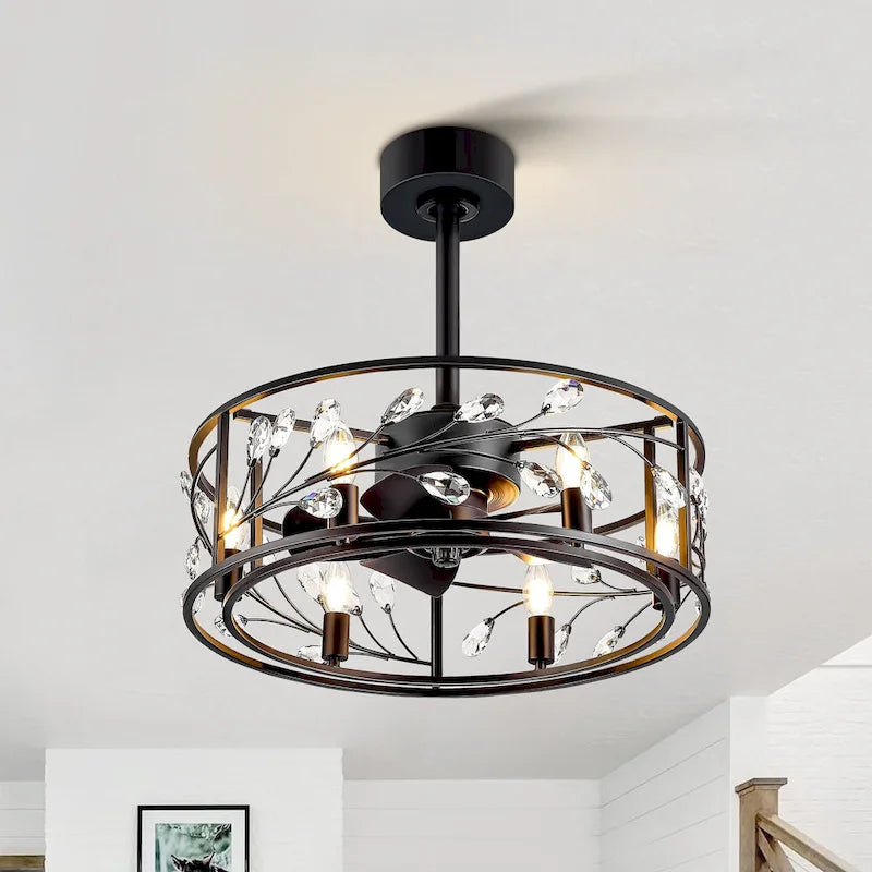 Ventilateur de plafond noir à cage de 50 cm avec kit d'éclairage cristal et télécommande - 50 cm