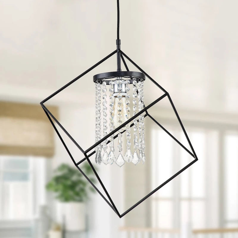 C Cattleya 1-Light Black Geometric Hanging Pendant Light with Cylinder Crystal Beads Shade