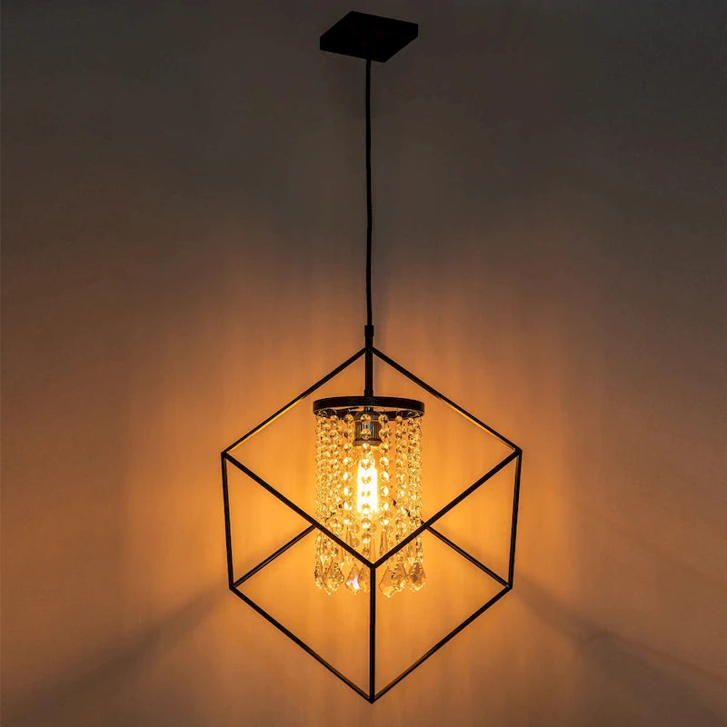 Suspension géométrique noire à une lumière C Cattleya avec abat-jour cylindrique en perles de cristal