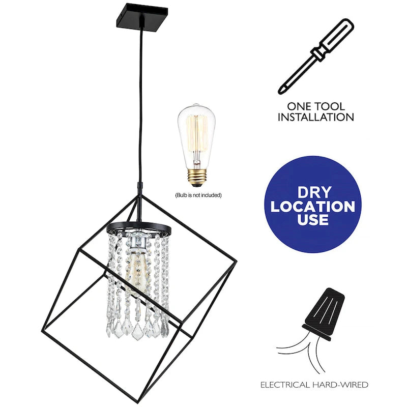 Suspension géométrique noire à une lumière C Cattleya avec abat-jour cylindrique en perles de cristal