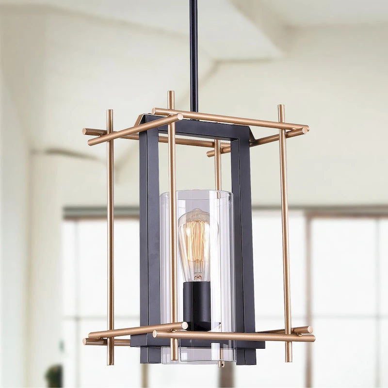 Braum Matte Black+Gold-Bronze Rectangle Metal Cage 1-Light Pendant with Cylinder Clear Glass Shade