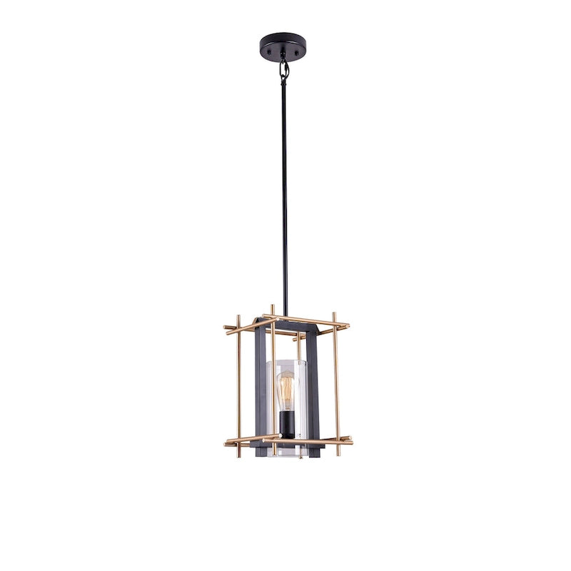 Suspension Braum à une lumière, cage métallique rectangulaire noir mat et bronze doré, abat-jour cylindrique en verre transparent.