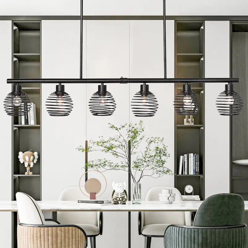 Suspension linéaire moderne à 6 lumières, style classique noir, pour îlot de cuisine - L 49,21 x P 5,51 x H 8,66