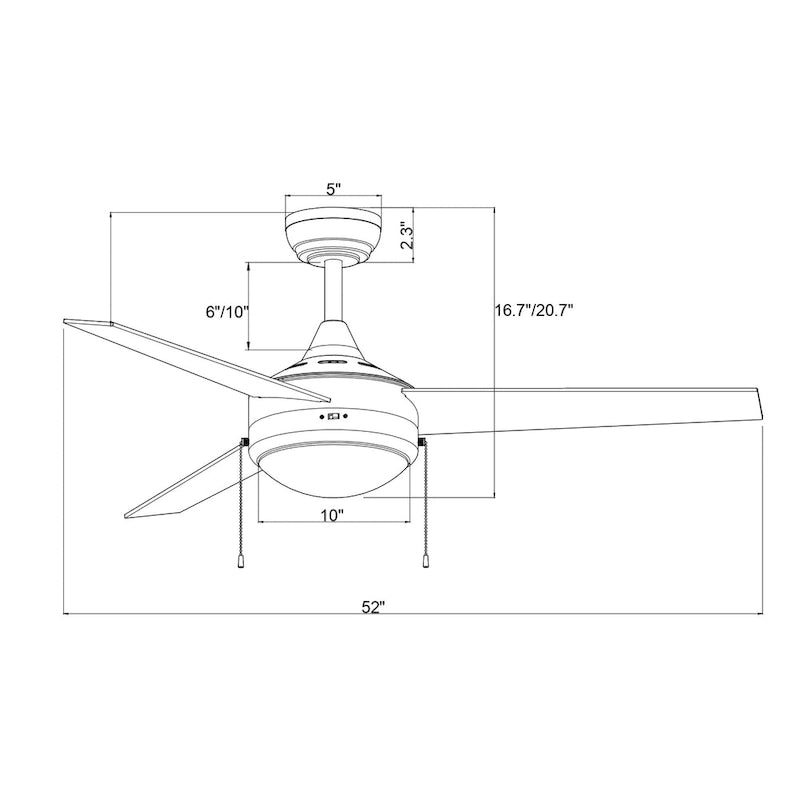 Ventilateur de plafond réversible noir à 3 pales de 132 cm (52 ​​po) avec éclairage LED intégré et chaînette
