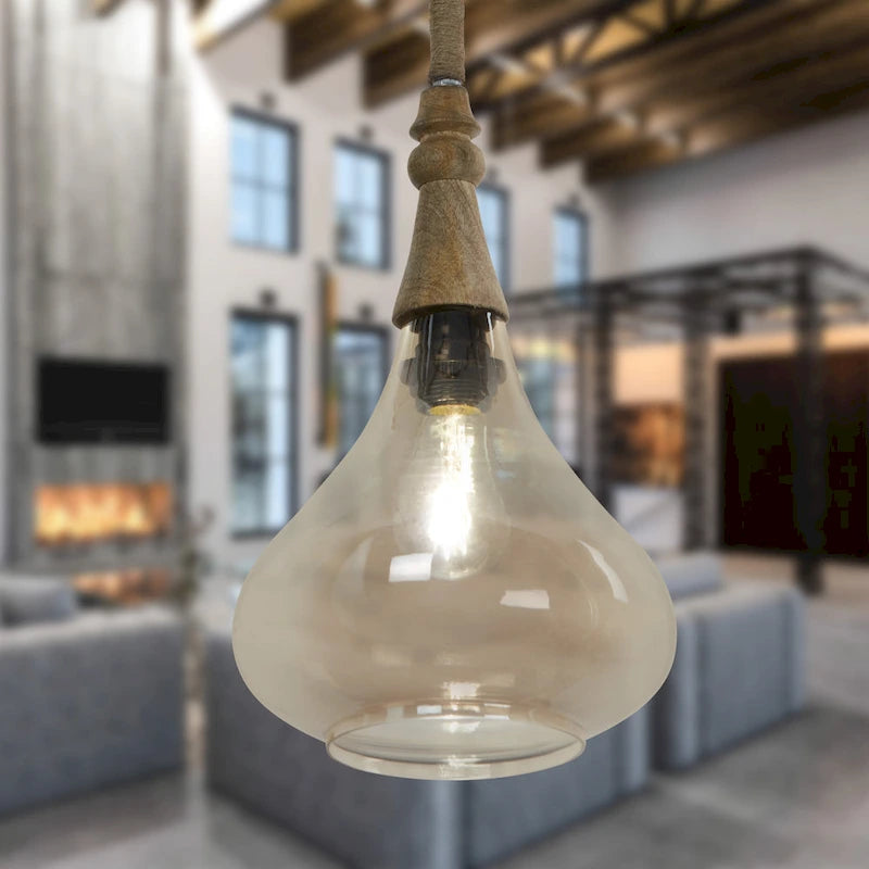 Suspension Cristobal River of Goods en verre ambré avec cache-cordon en jute - 8,5 x 8,5 x 45/74,5