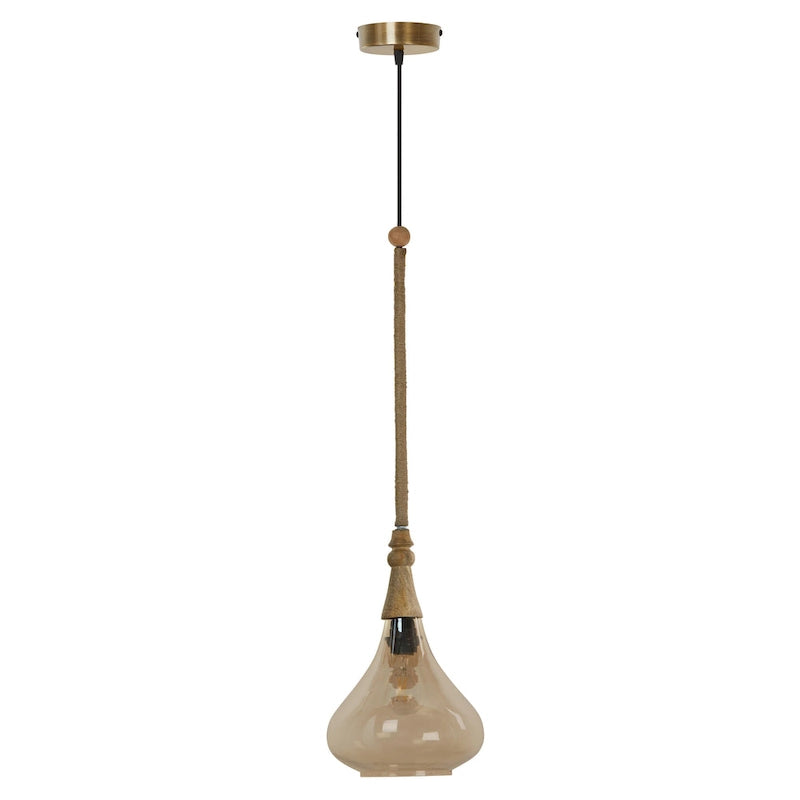 Suspension Cristobal River of Goods en verre ambré avec cache-cordon en jute - 8,5 x 8,5 x 45/74,5