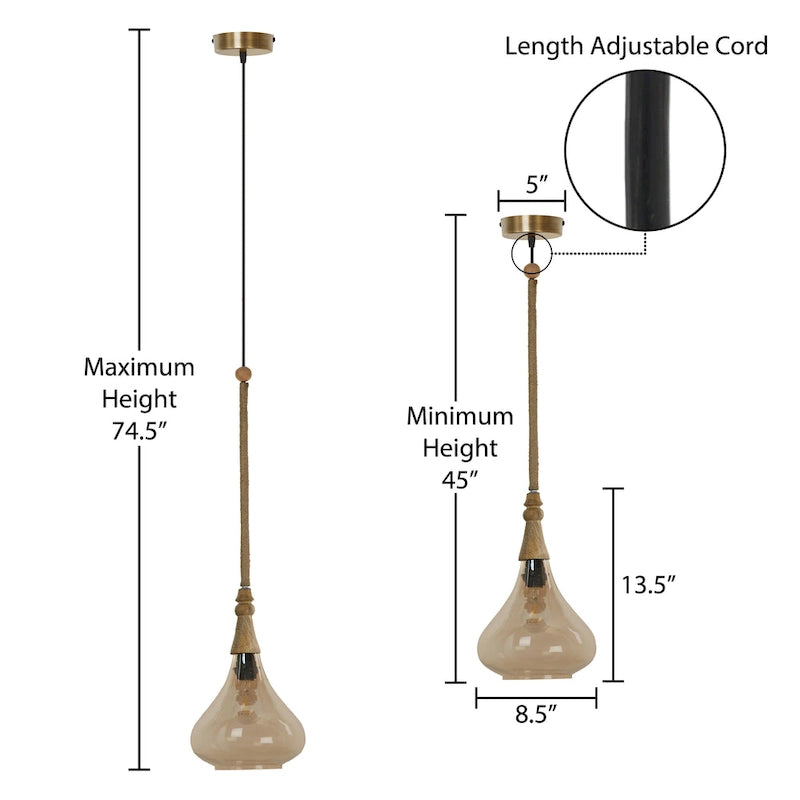 Suspension Cristobal River of Goods en verre ambré avec cache-cordon en jute - 8,5 x 8,5 x 45/74,5