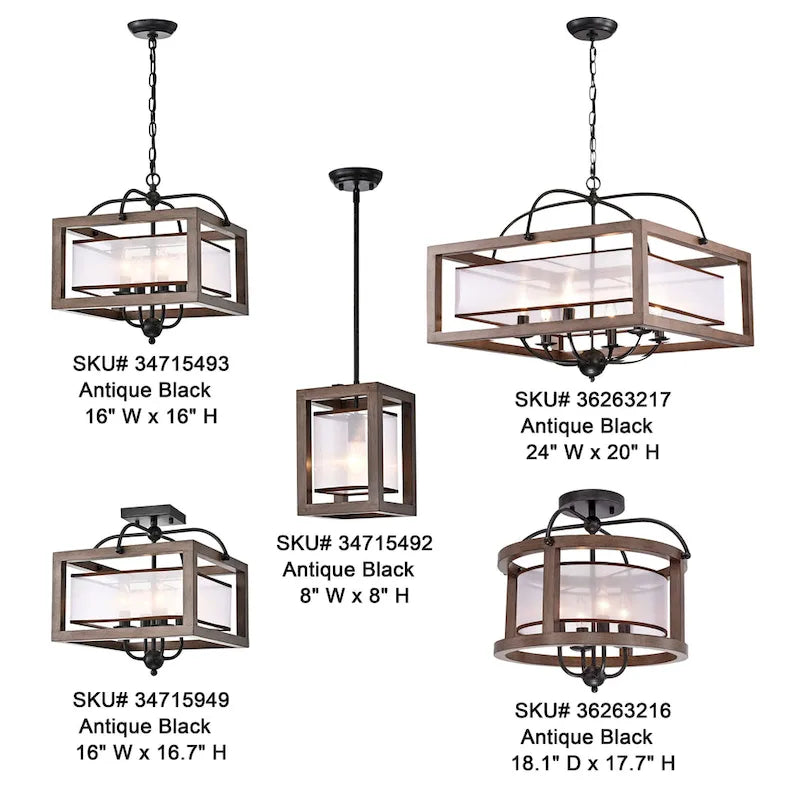 Lustre suspendu Alina à une lumière, en métal noir antique, bois naturel et abat-jour en tissu