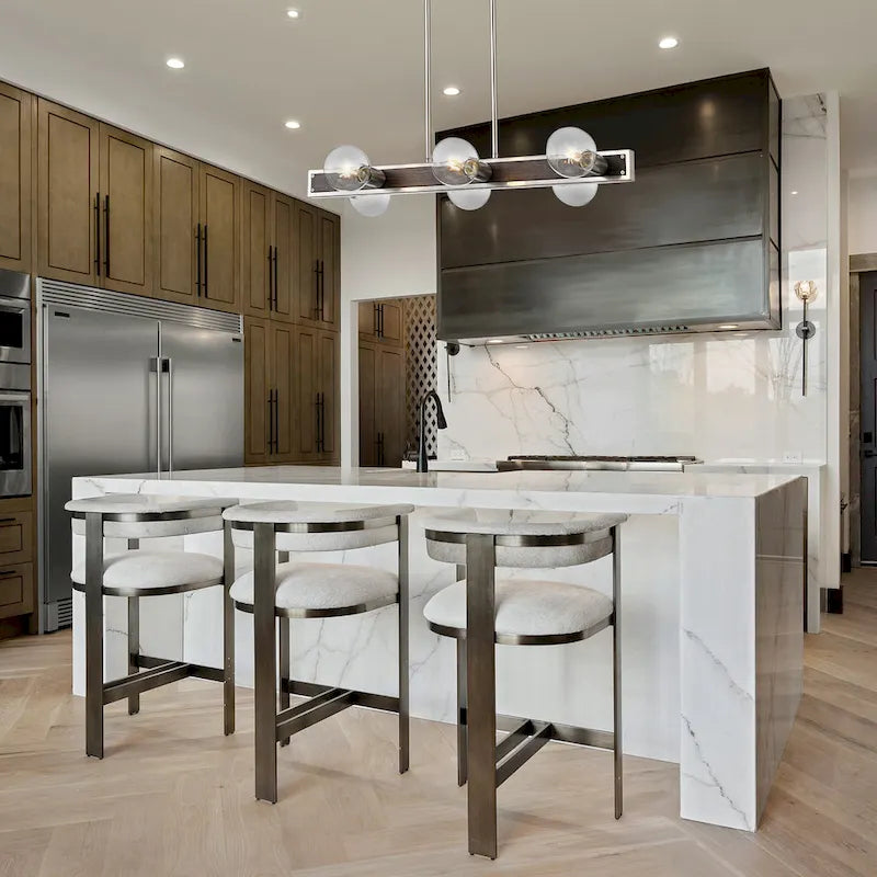 Luminaire linéaire à 6 lumières pour îlot central, en nickel brossé et bois - Nickel brossé et bois