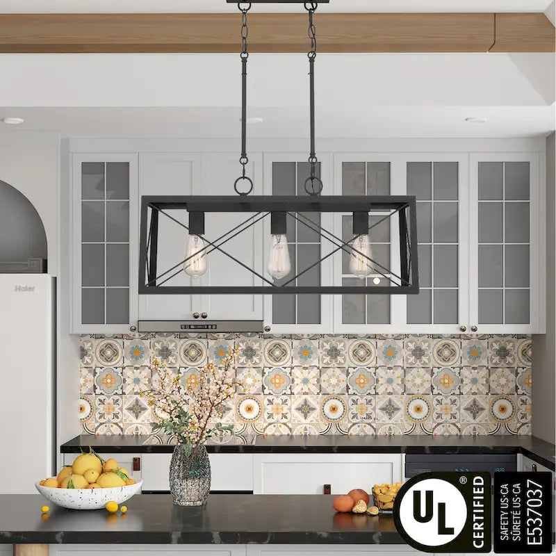 Farmhouse Industrial 3-light Rectangle Grid Kitchen Island Pendant - 25 inches