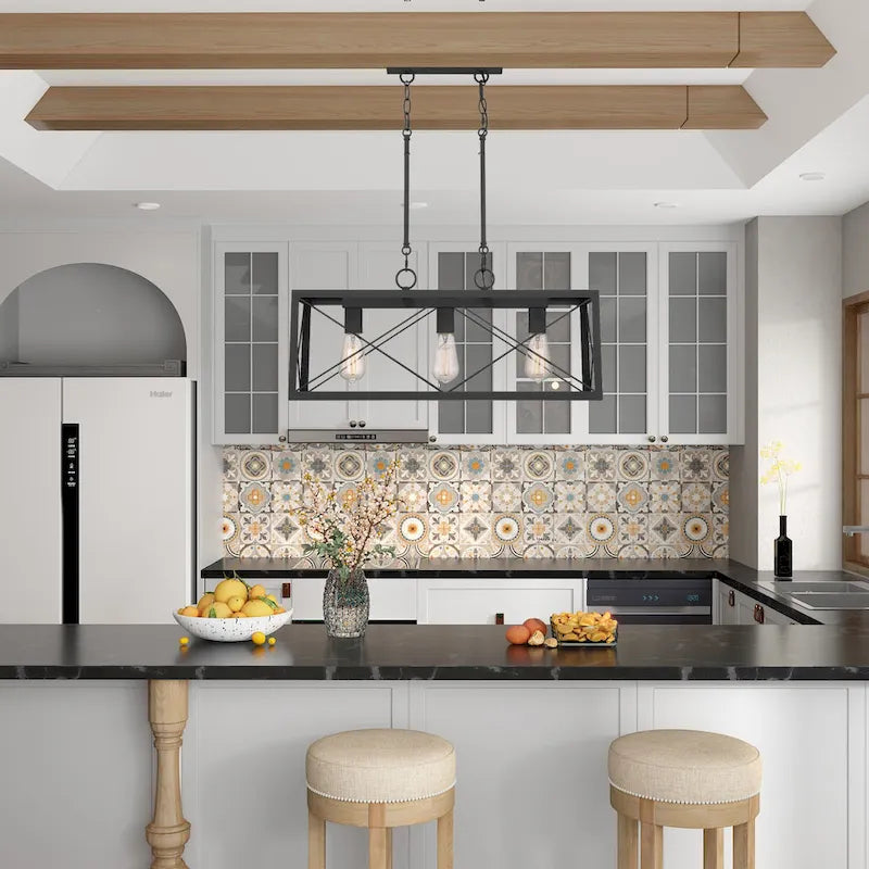 Suspension de cuisine style industriel campagnard à 3 lumières, forme rectangulaire - 63,5 cm (25 pouces)