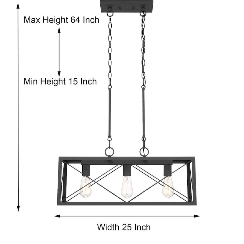 Suspension de cuisine style industriel campagnard à 3 lumières, forme rectangulaire - 63,5 cm (25 pouces)