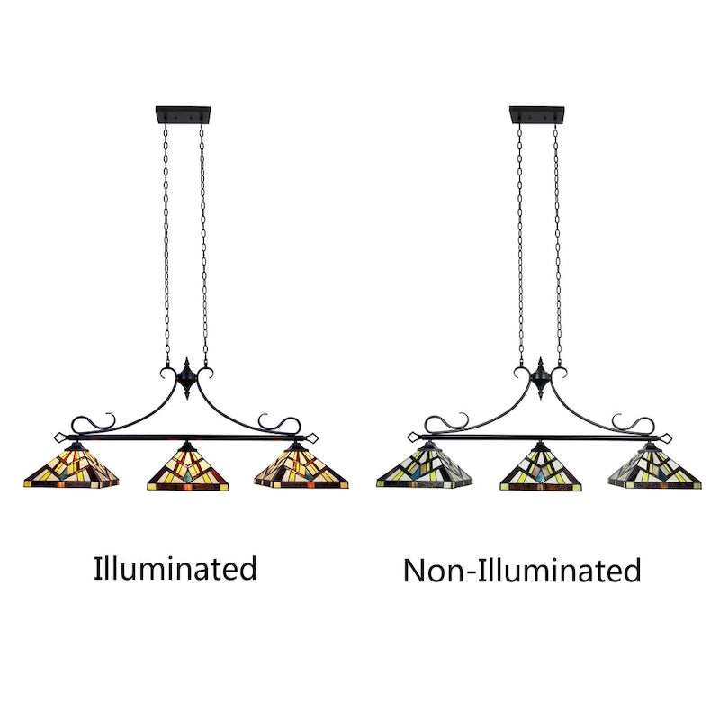 Luminaire linéaire à 3 lumières de style Tiffany et design Mission pour îlot central