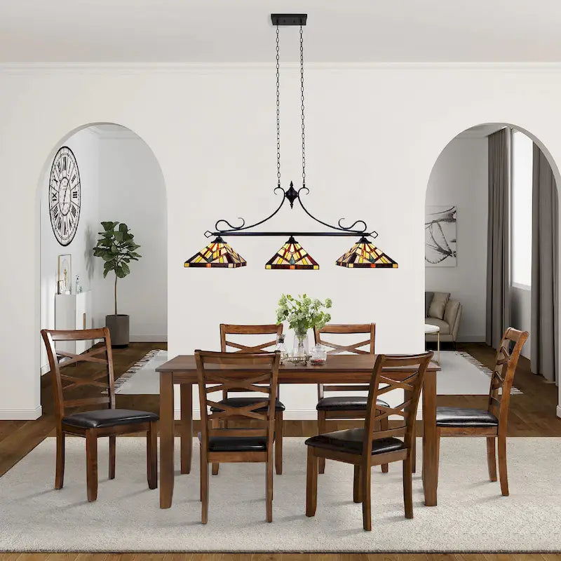 Luminaire linéaire à 3 lumières de style Tiffany et design Mission pour îlot central