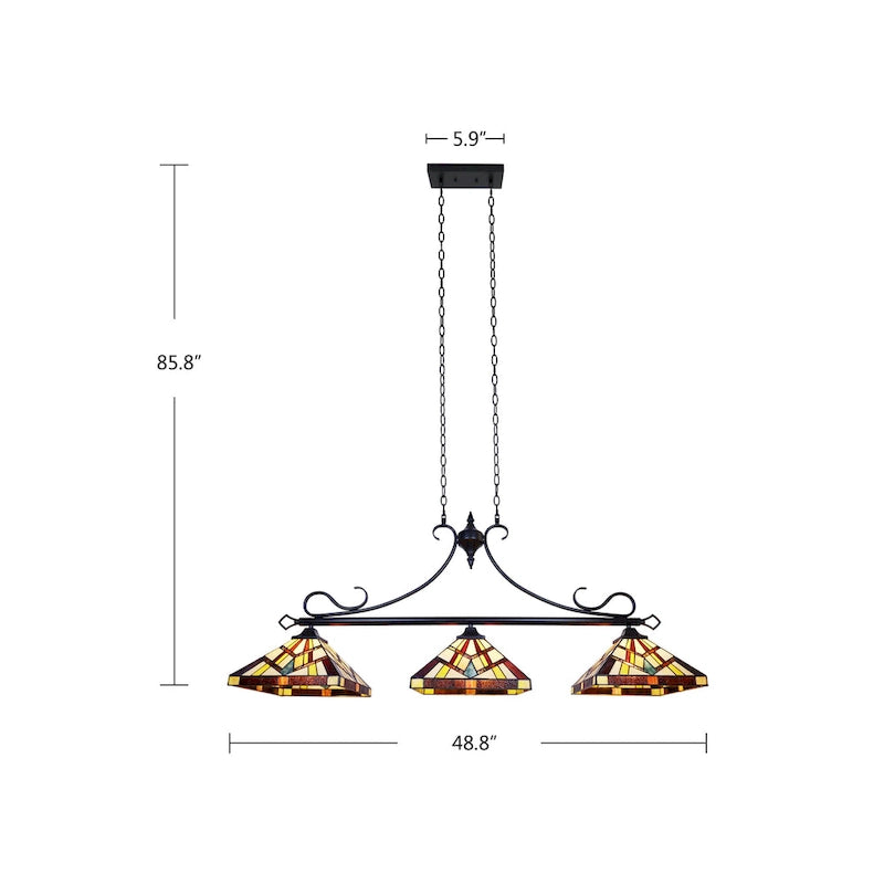 Luminaire linéaire à 3 lumières de style Tiffany et design Mission pour îlot central