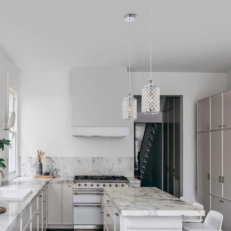 Suspension cylindrique chromée à une lumière avec perles et cristaux