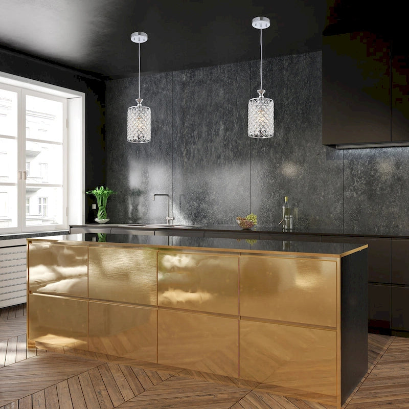 Suspension cylindrique chromée à une lumière avec perles et cristaux