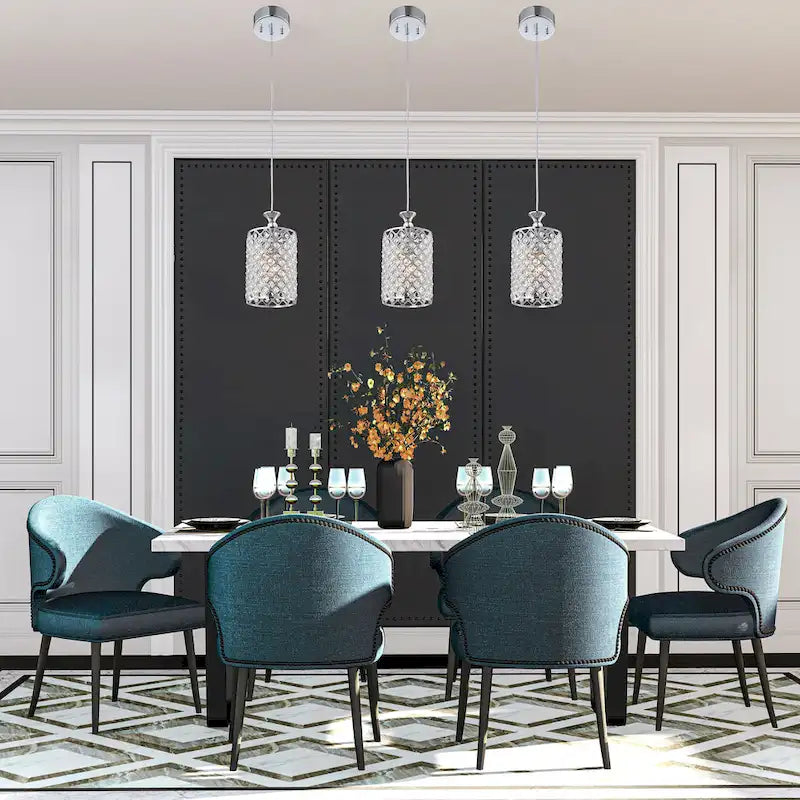 Suspension cylindrique chromée à une lumière avec perles et cristaux