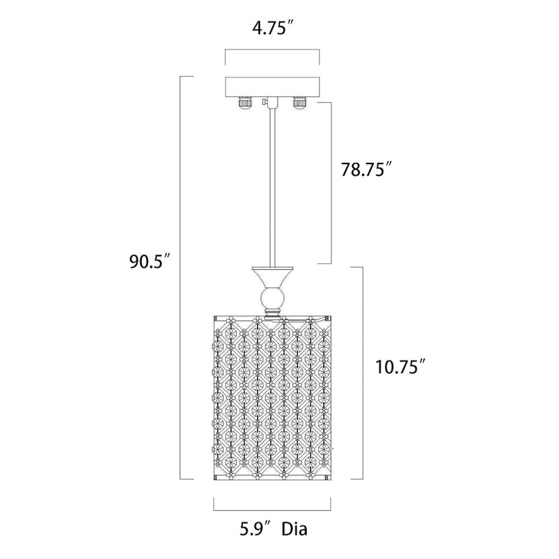Suspension cylindrique chromée à une lumière avec perles et cristaux