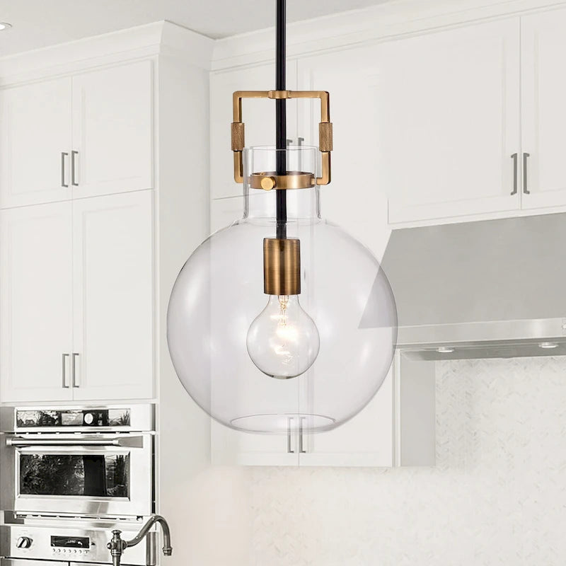 Black and Antique Gold 1-Light 10 Inch Globe Shaped Clear Glass Pendant