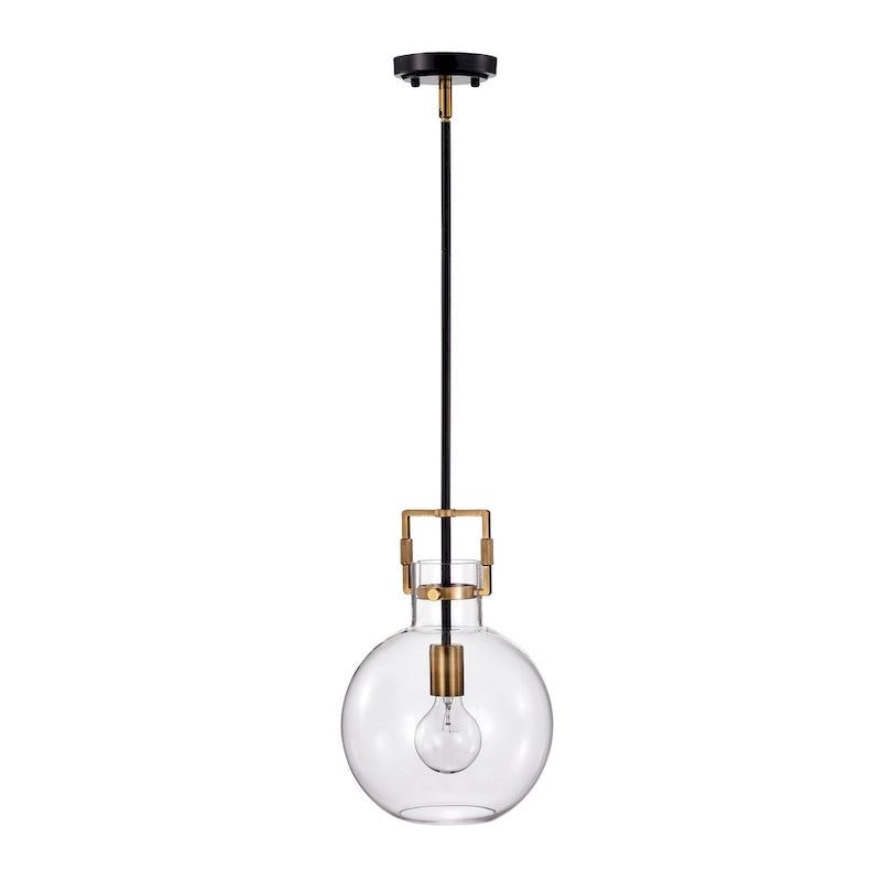 Suspension globe en verre transparent de 25 cm (10 pouces) à une lumière, noire et or antique, 1 lumière