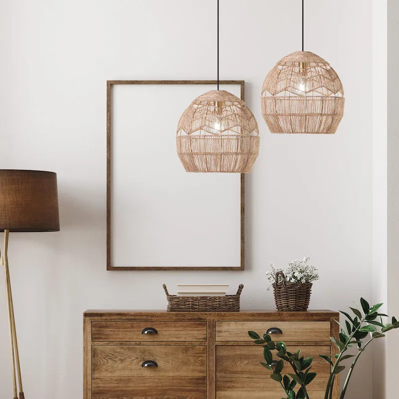 Suspension lumineuse Charlotte River of Goods en métal et corde de chanvre tressée - 15,5 x 15,5 x 15,75/62,75