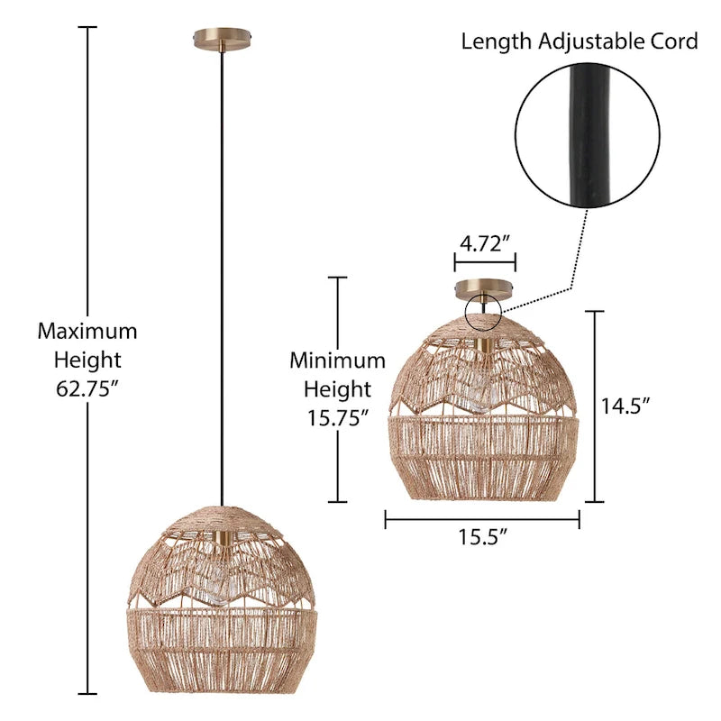Suspension lumineuse Charlotte River of Goods en métal et corde de chanvre tressée - 15,5 x 15,5 x 15,75/62,75