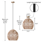 Suspension lumineuse Charlotte River of Goods en métal et corde de chanvre tressée - 15,5 x 15,5 x 15,75/62,75
