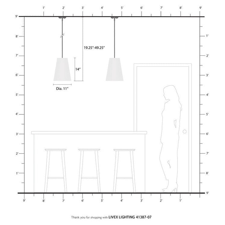 Suspension Livex Lighting 1 lumière en bronze, 41387-07 - 11 po de diamètre x 19,25 à 49,25 po de hauteur réglable