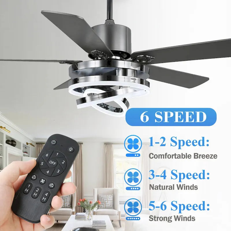 Ventilateur de plafond réversible moderne de 132 cm (52 ​​pouces) avec éclairage LED, 6 vitesses et télécommande pour grandes pièces - 132 cm (52 ​​pouces)