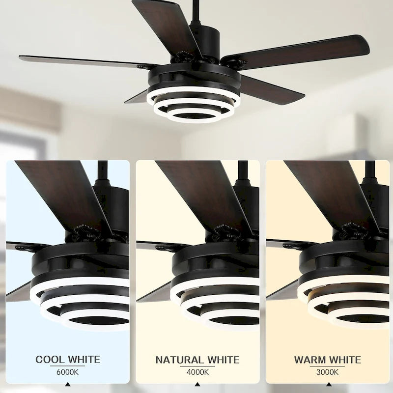 Ventilateur de plafond réversible moderne de 132 cm (52 ​​pouces) avec éclairage LED, 6 vitesses et télécommande pour grandes pièces - 132 cm (52 ​​pouces)