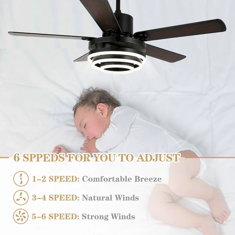 Ventilateur de plafond réversible moderne de 132 cm (52 ​​pouces) avec éclairage LED, 6 vitesses et télécommande pour grandes pièces - 132 cm (52 ​​pouces)