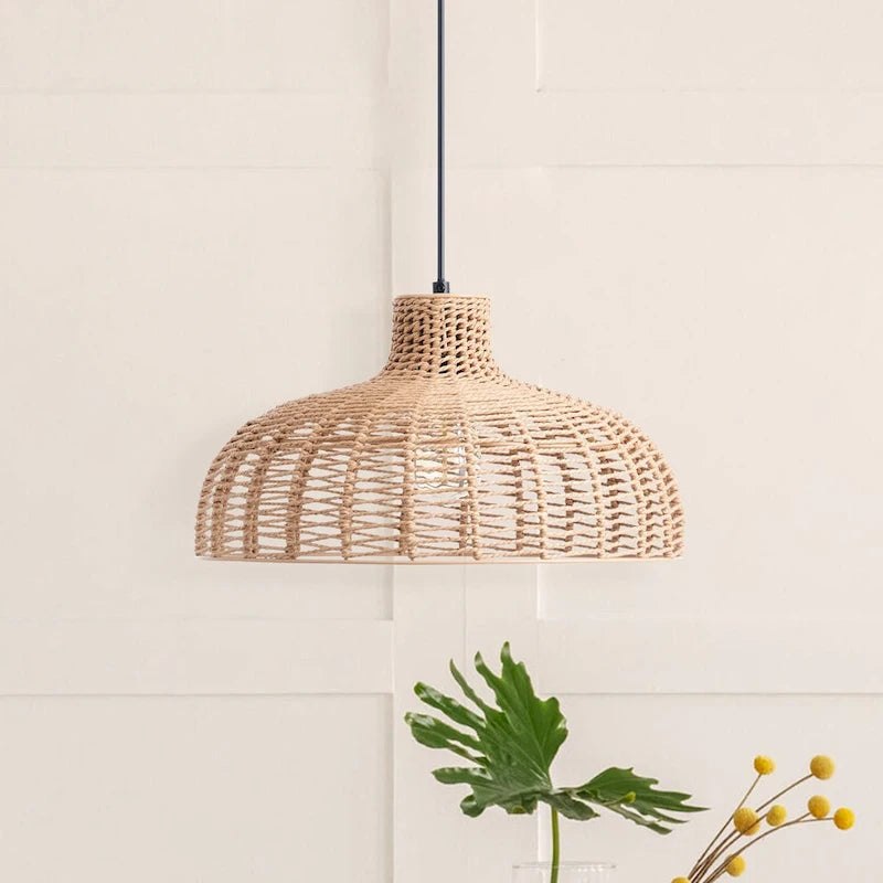 CO-Z Boho Handwoven Hemp Rope Dome Pendant Light Fixture - Tan