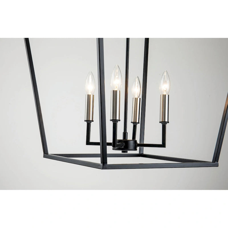 Lustre suspendu lanterne noir mat à 4 lumières de 50,8 cm (20 po) avec manchon nickelé ou noir.