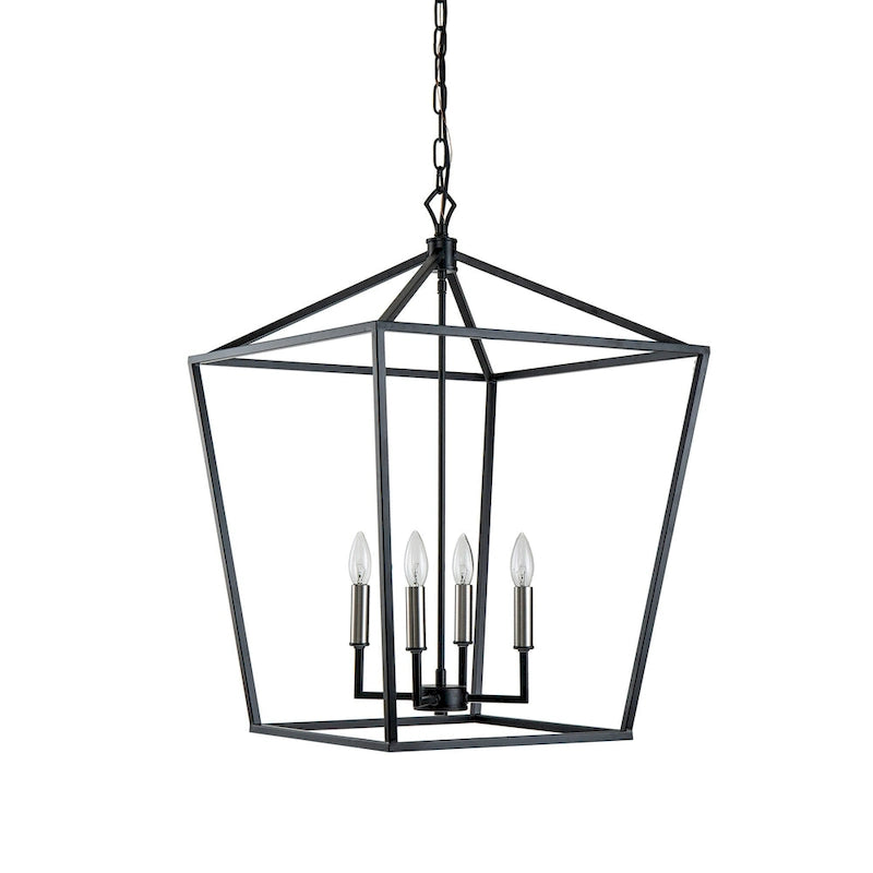 Lustre suspendu lanterne noir mat à 4 lumières de 50,8 cm (20 po) avec manchon nickelé ou noir.