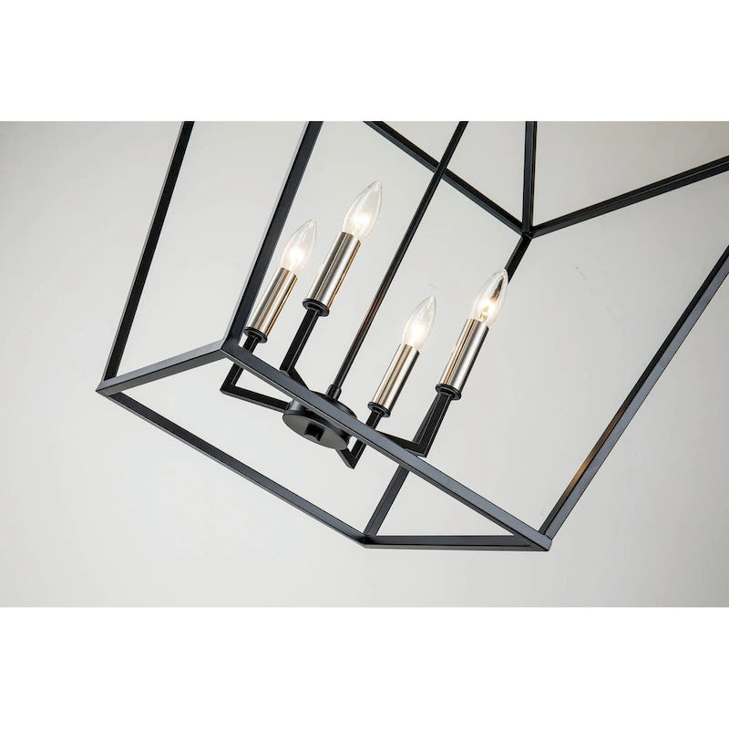 Lustre suspendu lanterne noir mat à 4 lumières de 50,8 cm (20 po) avec manchon nickelé ou noir.