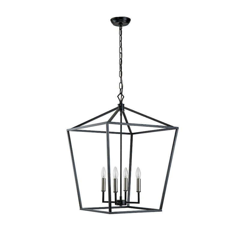 Lustre suspendu lanterne noir mat à 4 lumières de 50,8 cm (20 po) avec manchon nickelé ou noir.