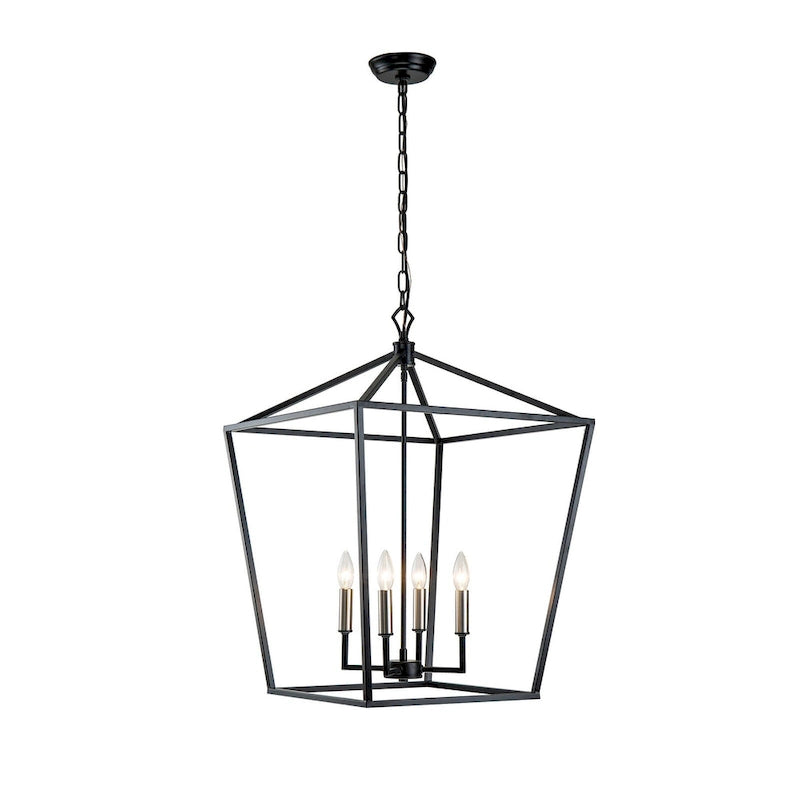 Lustre suspendu lanterne noir mat à 4 lumières de 50,8 cm (20 po) avec manchon nickelé ou noir.