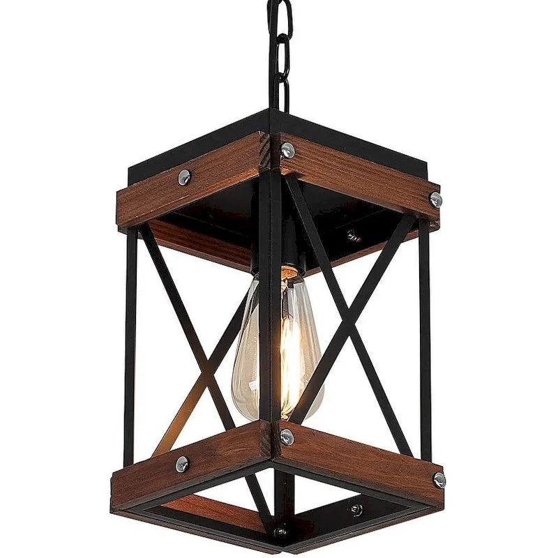 Farmhouse Square Wood Pendant Lighting for Kitchen Island Black Cage Pendant Light