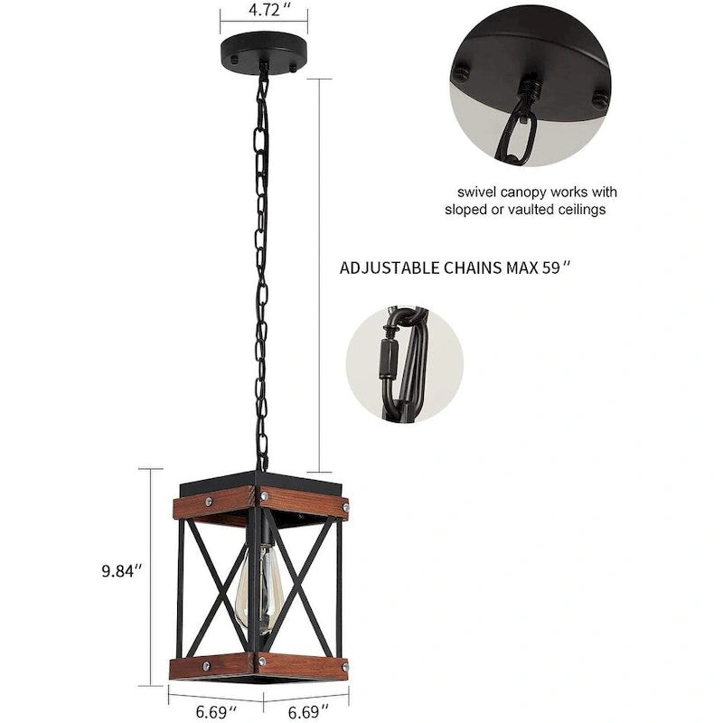 Suspension carrée en bois style ferme pour îlot de cuisine, suspension cage noire