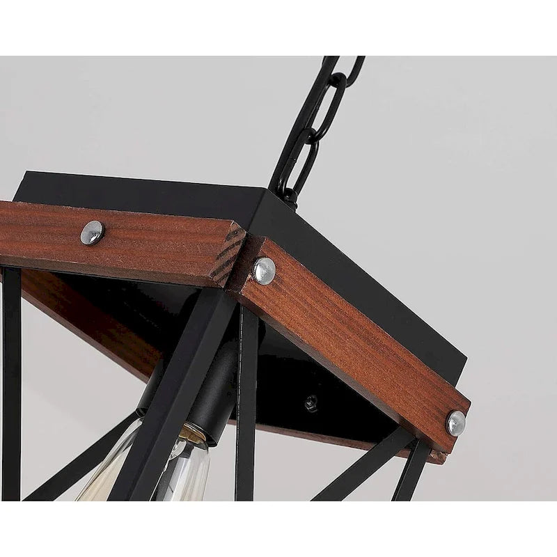 Suspension carrée en bois style ferme pour îlot de cuisine, suspension cage noire