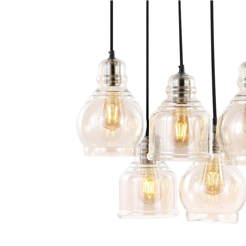 Suspension Cooper 18.88 à 6 lumières, style bohème, en fer et verre, avec éclairage LED, finition nickel/champagne, par JONATHAN Y.