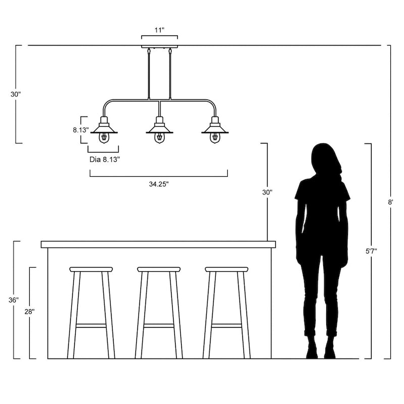 Suspension LED Cade 34.25 à 3 lumières en métal, style industriel campagnard, finition bronze huilé, par JONATHAN Y
